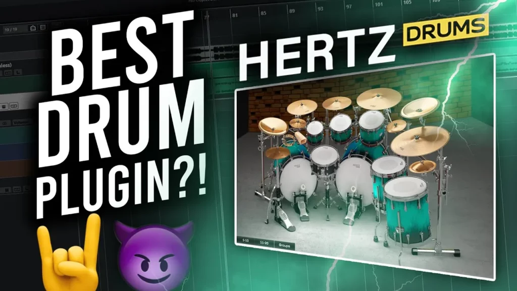 hertz drums vst interface with text "best drum plugin?!" next to it