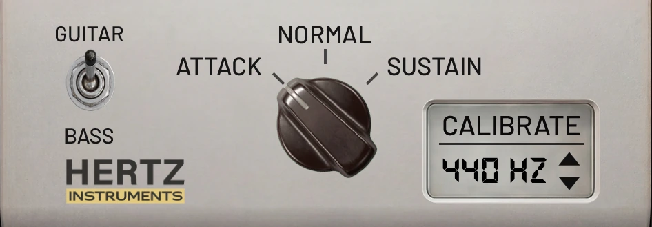 H-Tuner response mode selector set to Attack, with Guitar/Bass switch and calibration