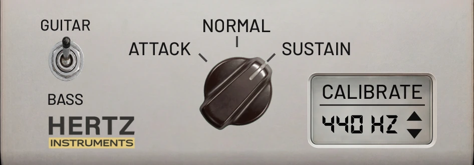 H-Tuner response mode selector set to Sustain, with Guitar/Bass switch and calibration