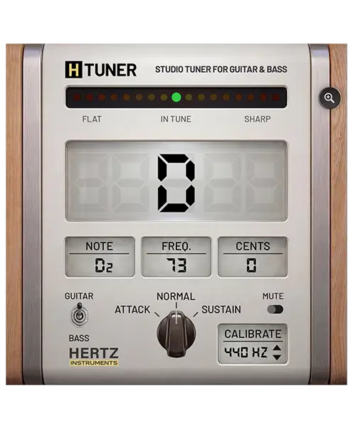 H-Tuner guitar and bass tuner interface with Normal, Attack and Sustain modes